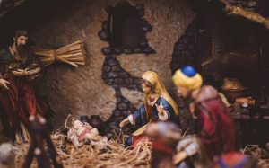 nativity scene with baby Jesus, Joseph, Mary