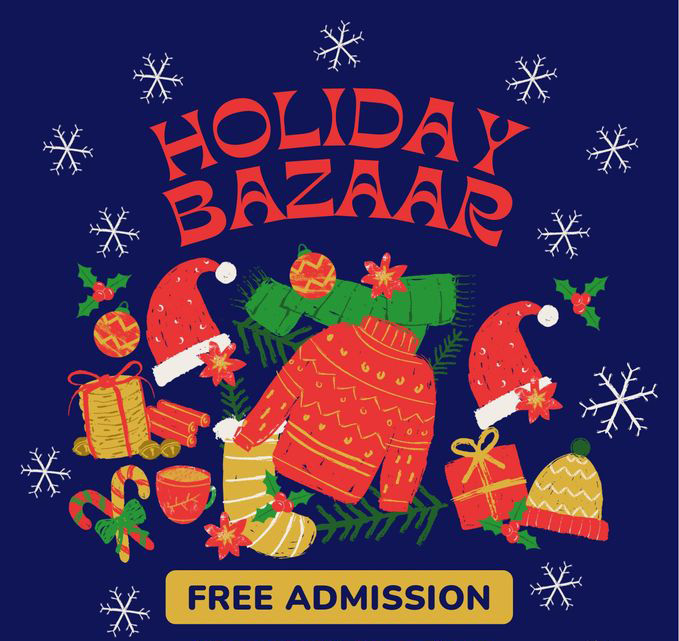 Holiday Bazaar, white stars on a blue background with santa hats, candy canes, and packages